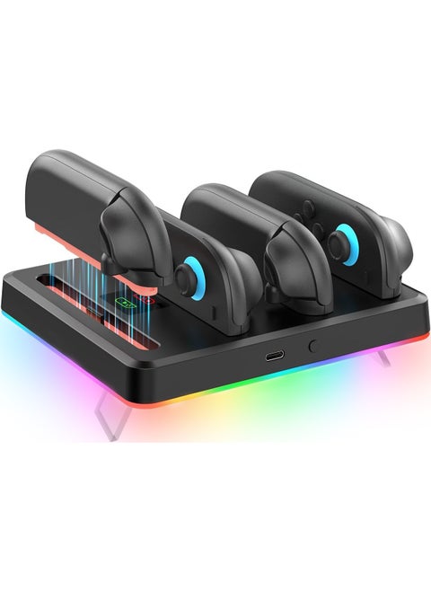 قاعدة شاحن وحدة التحكم لوحدة تحكم Nintendo Switch 2، محطة شحن للوحات التحكم مع أوضاع إضاءة RGB متعددة وتنبيهات صوتية ومؤشرات LED وحامل مدمج