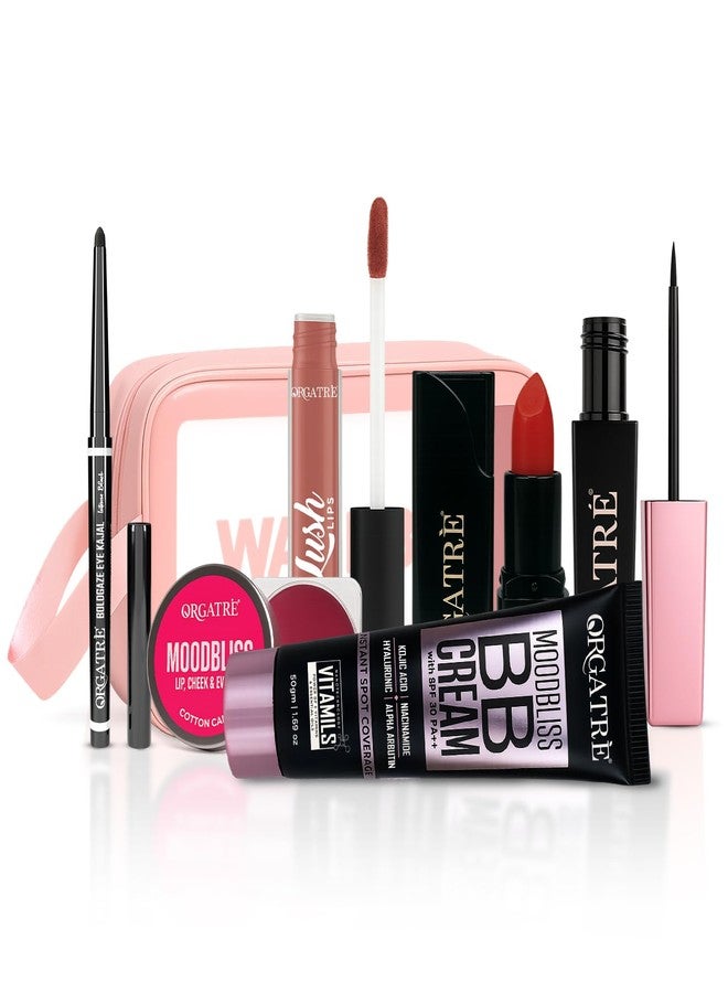 Orgatre Festive Gift for her Beauty Makeup Kit set for Gifting - Eye Kajal, Lip & Cheek Tint, Liquid & Bullet Lipstick, MoodBliss Eyeliner, BB Cream - 6-in-1 Festive Makeup Combo for Eyes, Lips & Face (Assorted) - Image 2
