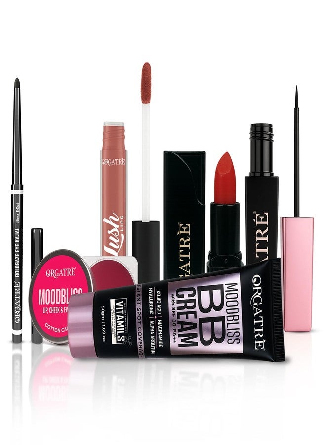 Orgatre Festive Gift for her Beauty Makeup Kit set for Gifting - Eye Kajal, Lip & Cheek Tint, Liquid & Bullet Lipstick, MoodBliss Eyeliner, BB Cream - 6-in-1 Festive Makeup Combo for Eyes, Lips & Face (Assorted) - Image 1