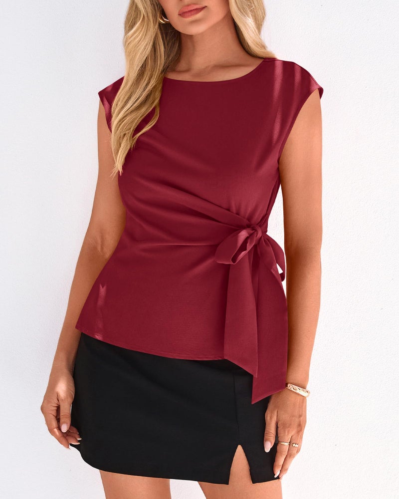 BTFBM Womens Tops Summer 2026 Cap Sleeve Crew Neck Tie Waist Blouses Dressy Casual Business Work Clothes Spring Fashion(Red, X-Large) - Image 2