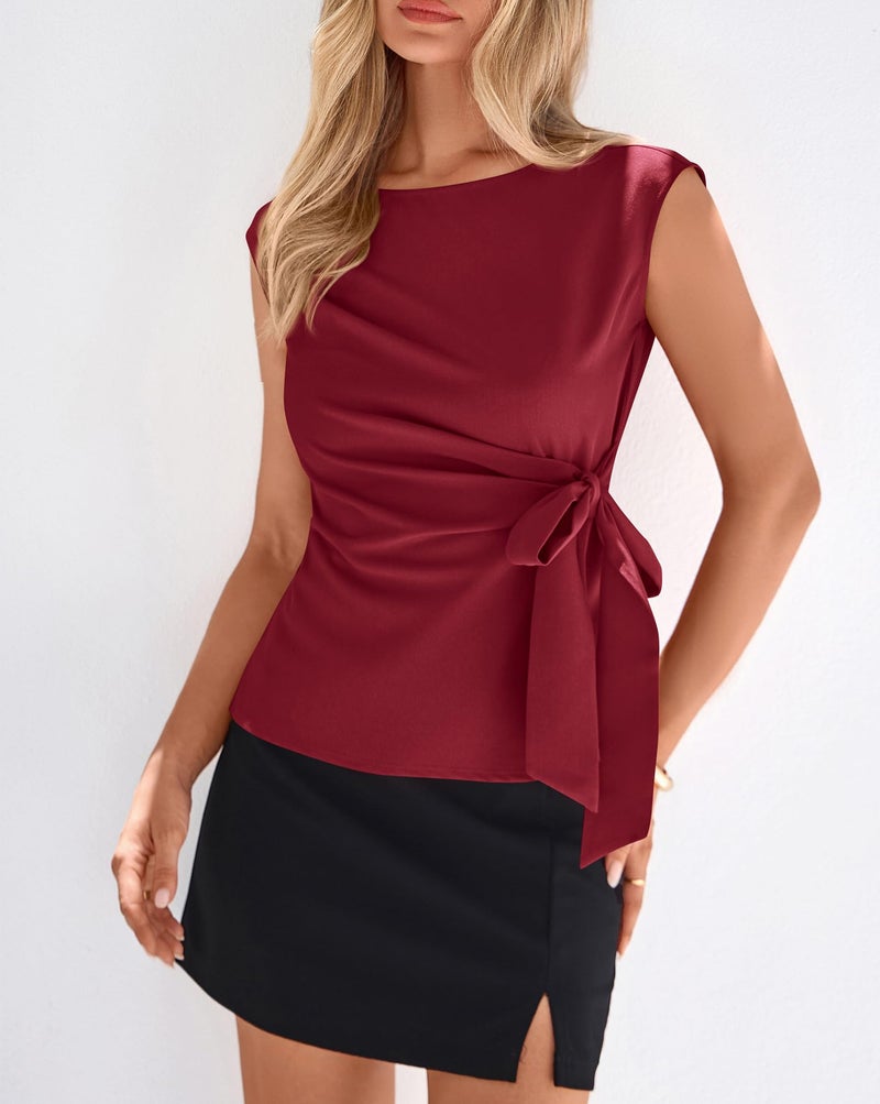 BTFBM Womens Tops Summer 2026 Cap Sleeve Crew Neck Tie Waist Blouses Dressy Casual Business Work Clothes Spring Fashion(Red, X-Large) - Image 5
