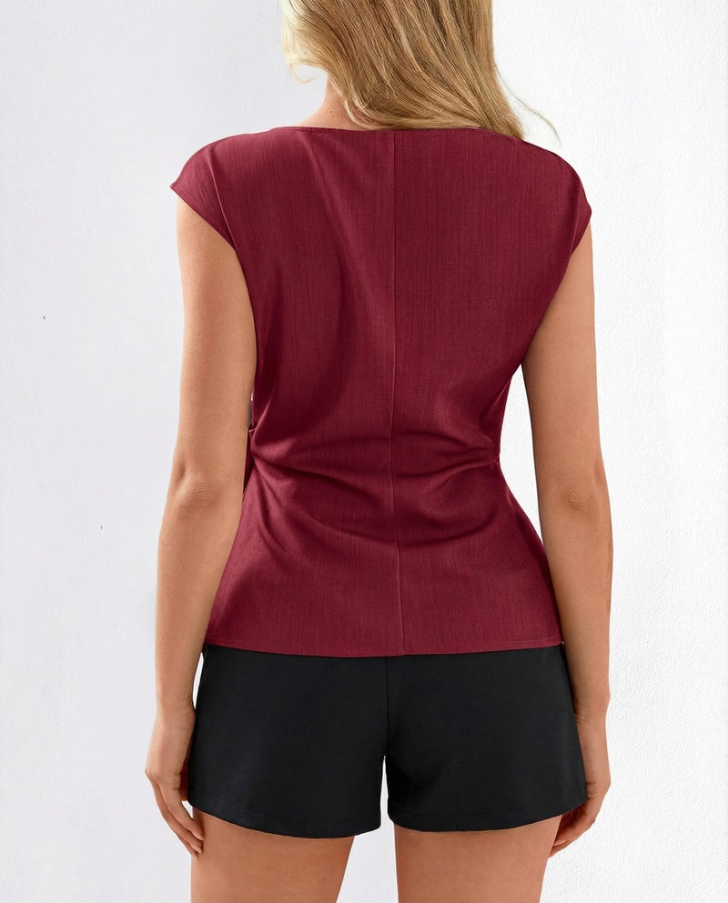 BTFBM Womens Tops Summer 2026 Cap Sleeve Crew Neck Tie Waist Blouses Dressy Casual Business Work Clothes Spring Fashion(Red, X-Large) - Image 3