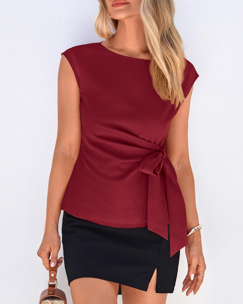 BTFBM Womens Tops Summer 2026 Cap Sleeve Crew Neck Tie Waist Blouses Dressy Casual Business Work Clothes Spring Fashion(Red, X-Large) - Image 4