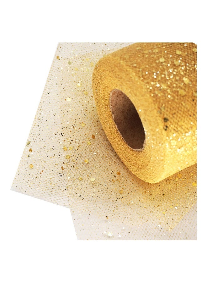 Gold Glitter Tulle Fabric Roll 6 Inch 25 Yards Sequin Ribbon for Wedding, Tutu Skirt, Gift Wrapping, Party Decoration in Antique Gold Color - Image 1