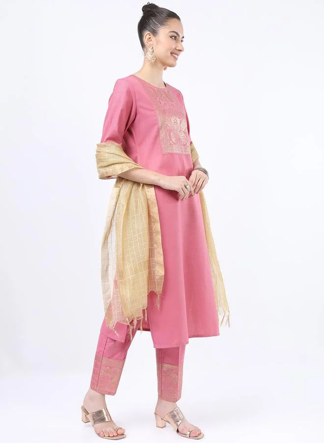 Vishudh Women Pink Printed Kurta Set with Dupatta by Styli