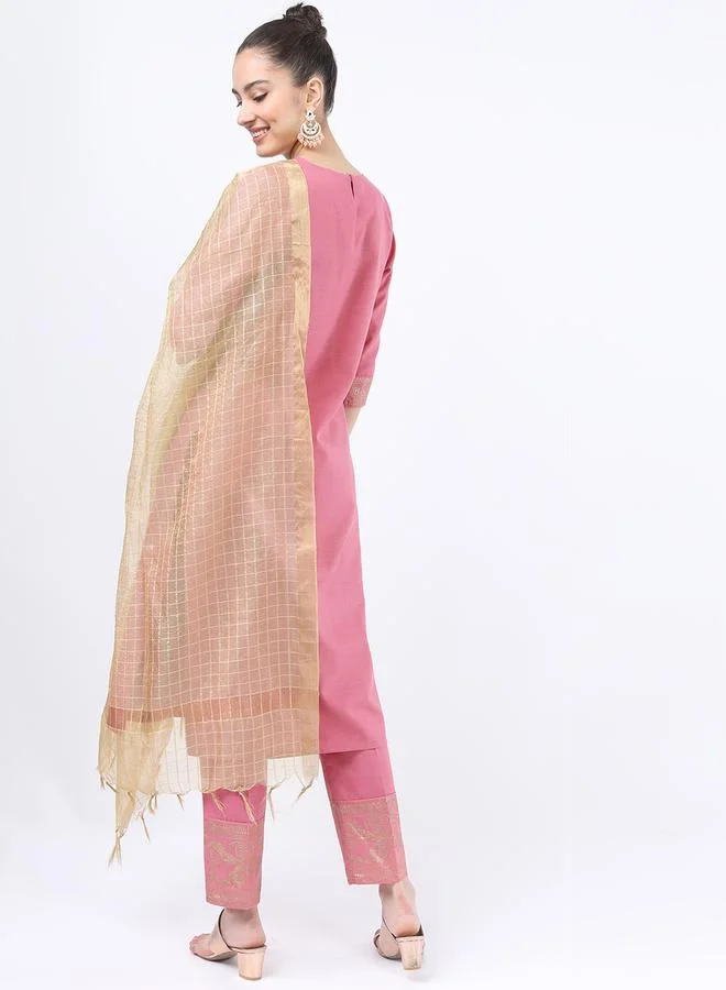 Vishudh Women Pink Printed Kurta Set with Dupatta by Styli