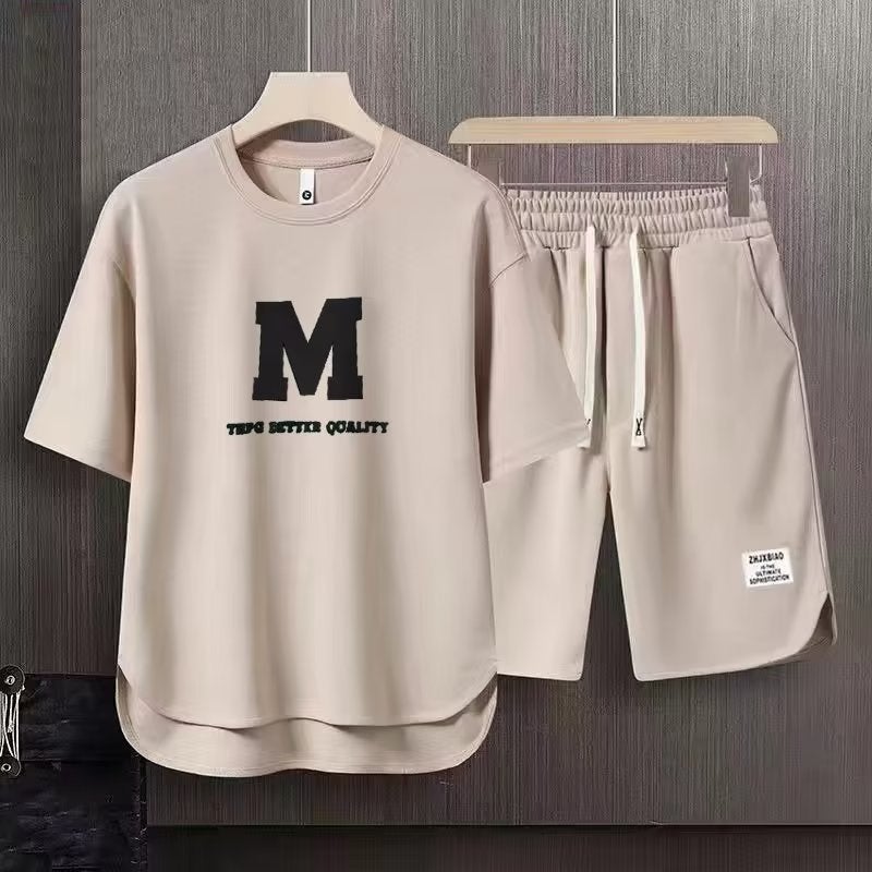 2023 new casual summer suit mens trendy loose Youth student short sleeve shorts handsome two-piece suit Apricot  - Image 1
