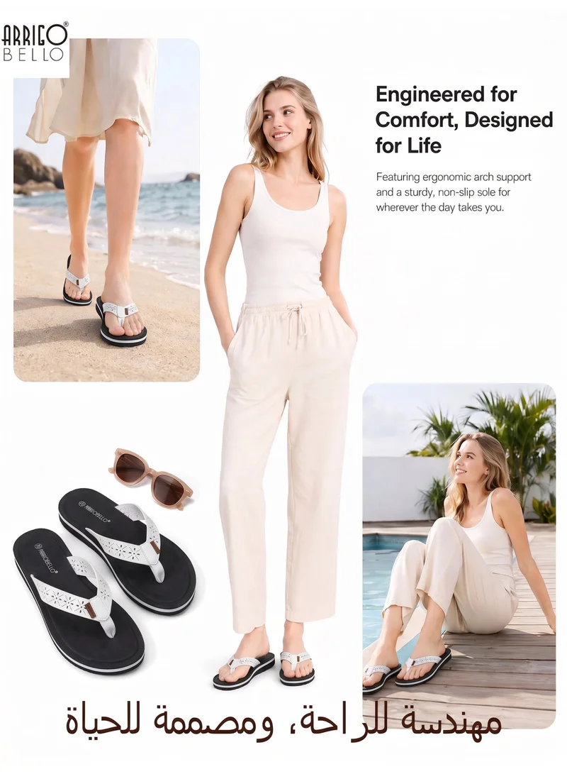 ARRIGO BELLO white Women's Comfort Leather Thong Sandals Stylish Cut-Out Flip Flops Quick Dry Summer Beach Slippers for Women | Best Price UAE
