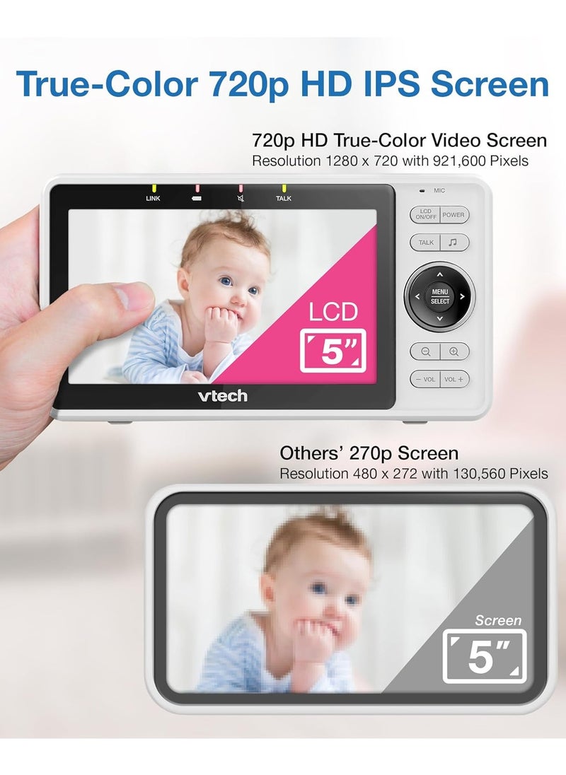 في تك بيبي - VTech Upgraded Smart WiFi Baby Monitor VM901, 5-inch 720p Display, 1080p Camera, HD NightVision, Fully Remote Pan Tilt Zoom, 2-Way Talk, Free Smart Phone App, Works with iOS, Android - Image 1