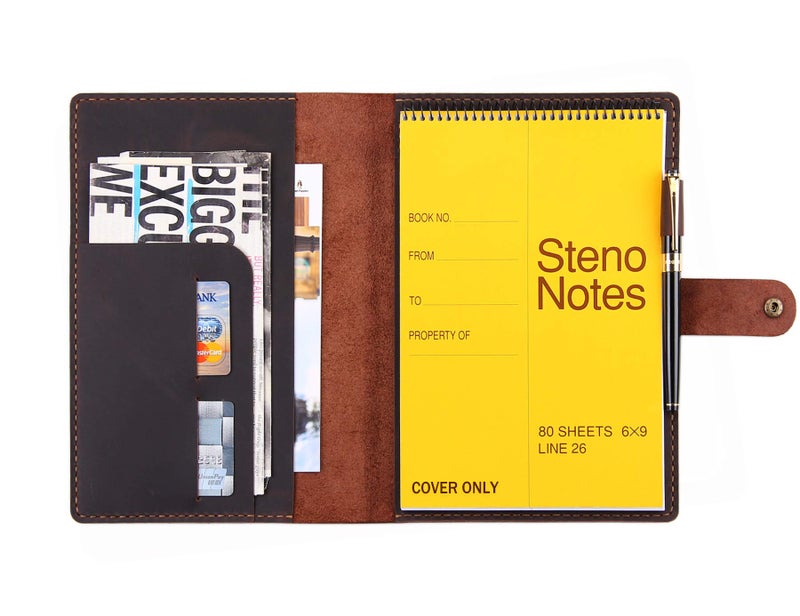 Robrasim Leather Cover for 6"x9" Steno Notebook, Leather Folio Cover Compatible with 6x9 Spiral Steno Pads, A5 Notebook Organizer with Pen Loop - Coffee - Image 1