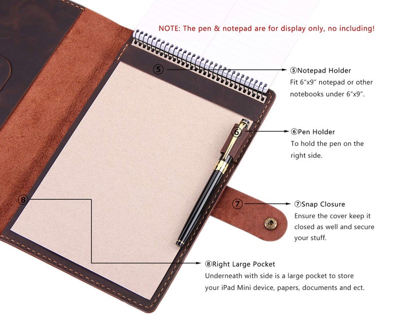 Robrasim Leather Cover for 6"x9" Steno Notebook, Leather Folio Cover Compatible with 6x9 Spiral Steno Pads, A5 Notebook Organizer with Pen Loop - Coffee - Image 5
