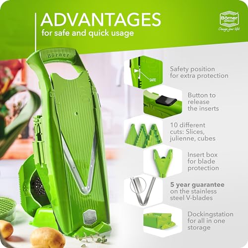 Börner Mandoline Slicer V5 (Professional Set) • Adjustable Vegetable Slicer (7-piece) • 10 Cutting Styles • Kitchen Slicer incl. Docking Station • Stainless Steel V-Blade • Color: Green - Image 4