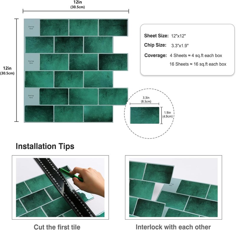 CRE8TIVE 4 Sheets Green Subway Tile Peel and Stick Backsplash for Kitchen Wall 12"x12" 3D Stone Wall Tiles Adhesive Stick on Backsplash Peel and Stick Shower Tile Waterproof for Bathroom Laundry Room - Image 2