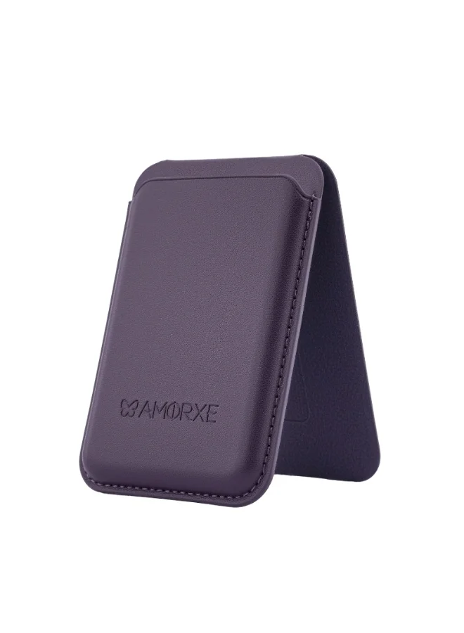 أﻣورﻛس محفظة وحامل بطاقات Amorxe MagSafe مع حامل، مغناطيس N52 قوي، تصميم جلدي نحيف، مشبك زنبركي يحمل 1-3 بطاقات بشكل آمن، متوافق مع سلسلة iPhone 17/16/15/14/13/12 (ليس 12/13 Mini)، أرجواني غامق