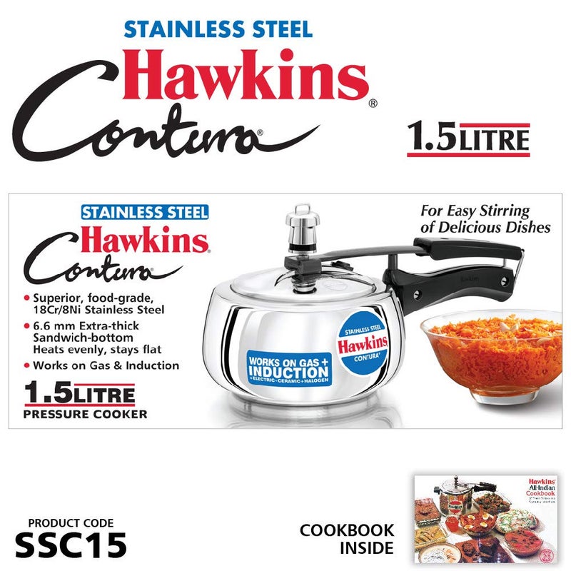 Hawkins Stainless Steel Contura Induction Compatible Inner Lid Pressure Cooker, 1.5 Litre, Silver (SSC15) - Image 2