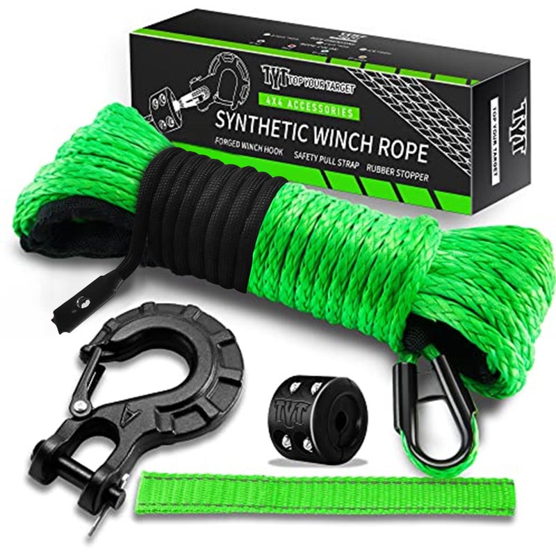TYT OffRoad Winch Rope Kit  316x50 8500 Lbs Green Synthetic Cable with Protective Sheath HeavyDuty Hook Safety Pull Strap  Rubber Stopper Ideal for 4WD ATV UTV Vehicles JPS31650G