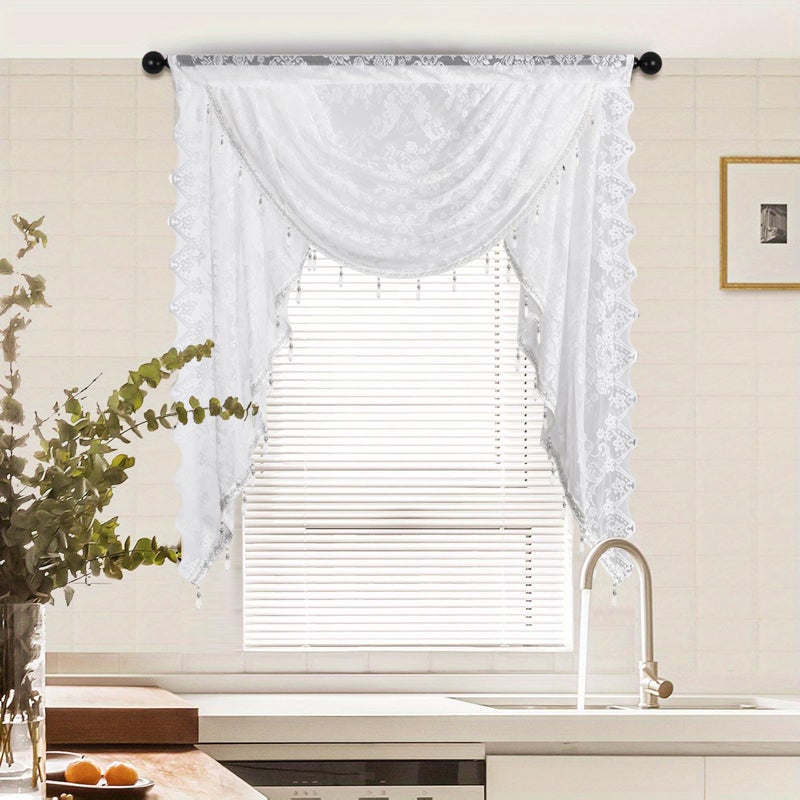 vctops Lace Beaded Waterfall Valances for Windows Floral Vintage Swag Valance Sheer Kitchen Window Curtains Over Sink Curtain Valance for Living Room Bedroom Bathroom Cafe (White,39"x41") - Image 3