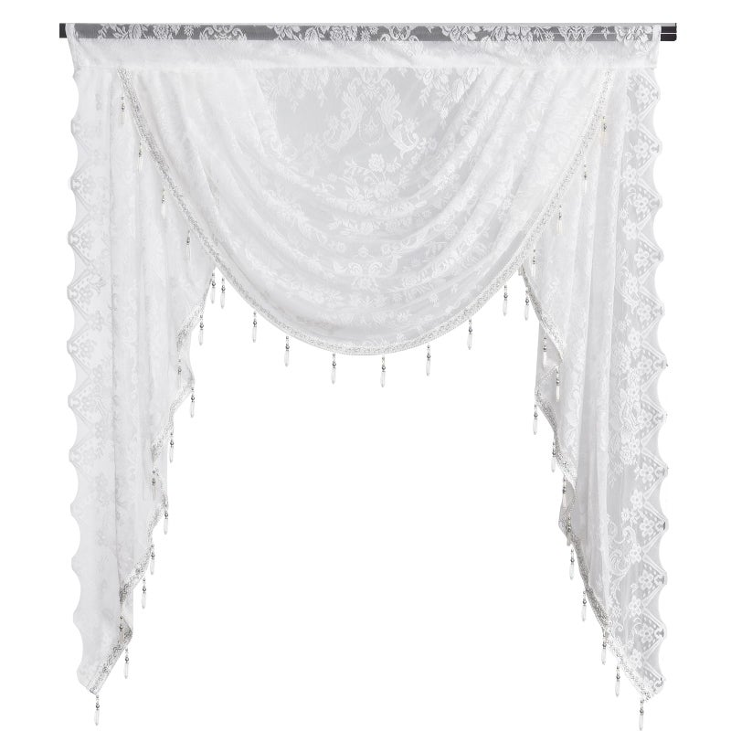 vctops Lace Beaded Waterfall Valances for Windows Floral Vintage Swag Valance Sheer Kitchen Window Curtains Over Sink Curtain Valance for Living Room Bedroom Bathroom Cafe (White,39"x41") - Image 2