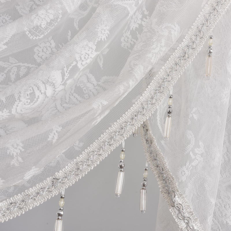 vctops Lace Beaded Waterfall Valances for Windows Floral Vintage Swag Valance Sheer Kitchen Window Curtains Over Sink Curtain Valance for Living Room Bedroom Bathroom Cafe (White,39"x41") - Image 5
