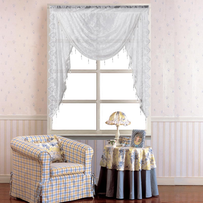 vctops Lace Beaded Waterfall Valances for Windows Floral Vintage Swag Valance Sheer Kitchen Window Curtains Over Sink Curtain Valance for Living Room Bedroom Bathroom Cafe (White,39"x41") - Image 1