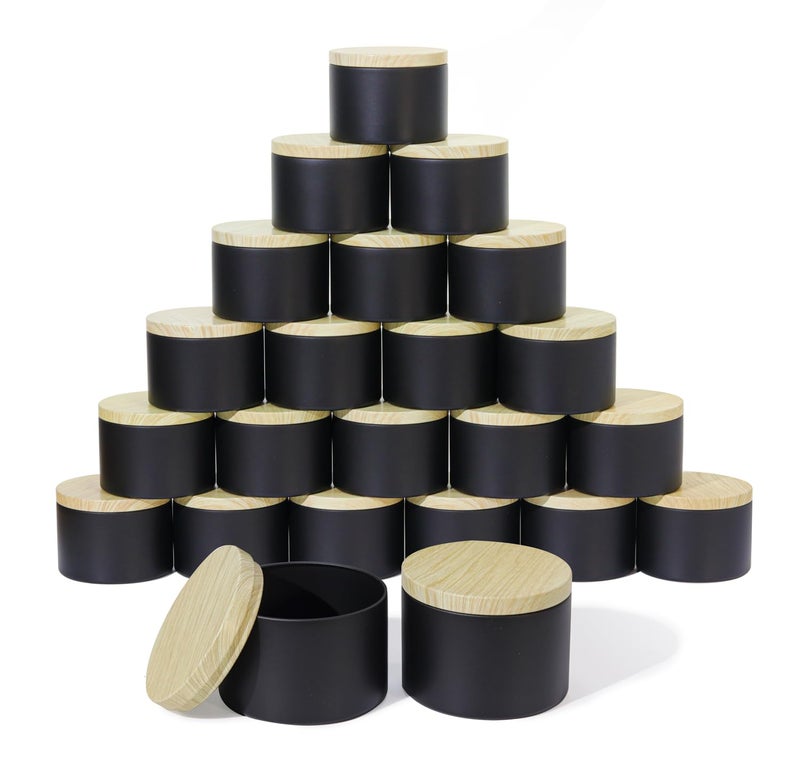 Aroparc Candle Tins 8oz with Lids 24 Pack Seamless Candle Containers for Candle Making Supplies Empty Candle Jars Wood Grain Lids Black Tins - Image 2