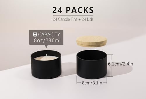 Aroparc Candle Tins 8oz with Lids 24 Pack Seamless Candle Containers for Candle Making Supplies Empty Candle Jars Wood Grain Lids Black Tins - Image 3