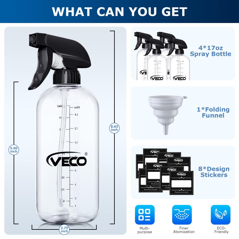 Veco 500mL (17oz) Graduated Spray Bottles, 4-Pack â€” 360Â° Any-Angle Spraying for Easy Dilution, Leak-Resistant spray bottles for Cleaning, Plants, Hair & Pet Use + Foldable Funnel - Image 4