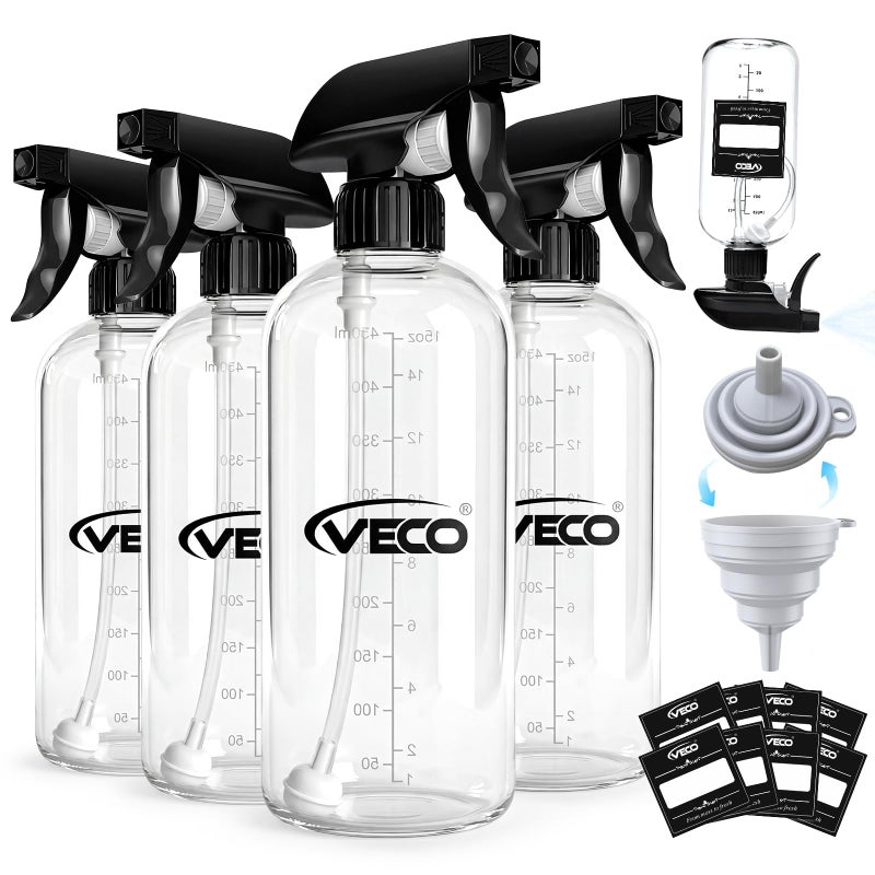 Veco 500mL (17oz) Graduated Spray Bottles, 4-Pack â€” 360Â° Any-Angle Spraying for Easy Dilution, Leak-Resistant spray bottles for Cleaning, Plants, Hair & Pet Use + Foldable Funnel - Image 1