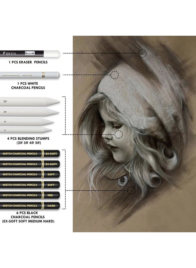 Brusarth Charcoal Drawing Set -12 pc Black charcoal pencils, White Charcoal Pencils, Eraser Pencils, Blending Stumps for Drawing, Sketching, Shading, Artist Pencils for Beginners & Artists - Image 3