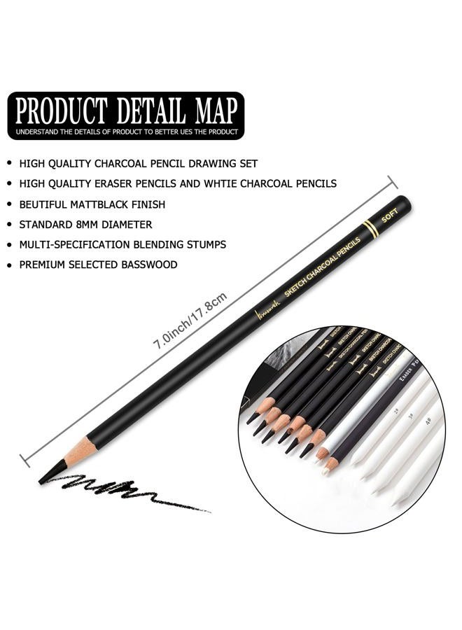 Brusarth Charcoal Drawing Set -12 pc Black charcoal pencils, White Charcoal Pencils, Eraser Pencils, Blending Stumps for Drawing, Sketching, Shading, Artist Pencils for Beginners & Artists - Image 4