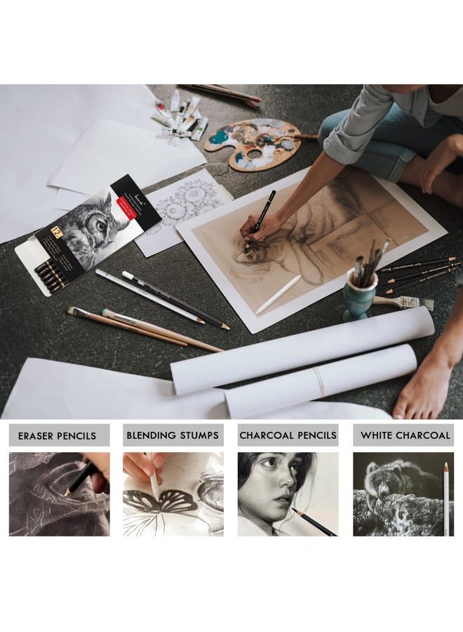 Brusarth Charcoal Drawing Set -12 pc Black charcoal pencils, White Charcoal Pencils, Eraser Pencils, Blending Stumps for Drawing, Sketching, Shading, Artist Pencils for Beginners & Artists - Image 5