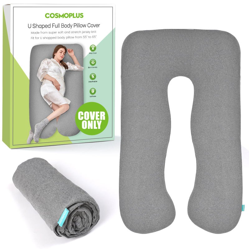 COSMOPLUS COSMOPLUS     U Shaped Full Body Pillow Case  for MaternityStretchy Cool Breathable Jersey FabricProvides Sleep and Pregnancy SupportLight Grey