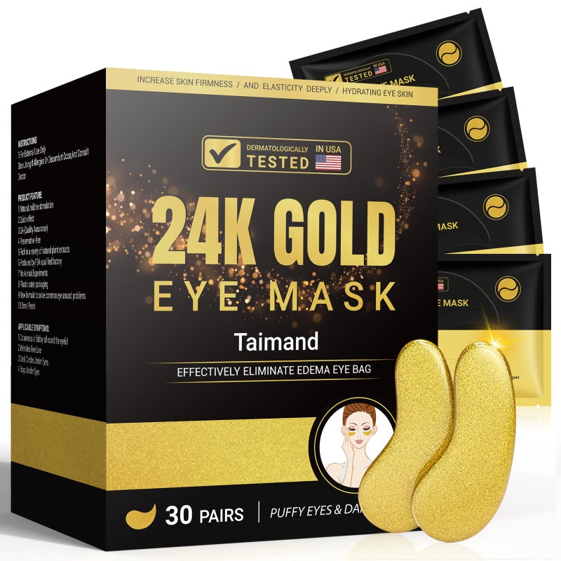 Taimand Under Eye Patches (30 Pairs), 24K Gold Under Eye Mask for Puffy Eyes, Dark Circles,Bags and Wrinkles with Collagen,Relieves Pressure and Reduces Wrinkles,Revitalises and Refreshes Your Skin - Image 1
