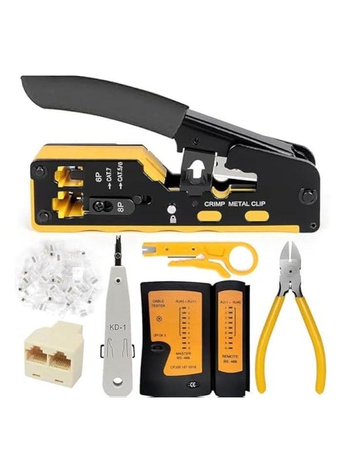 PROMASS RJ45 Crimp Tool Kit, Ethernet Pass Through Crimper, Network Cat5 Cat6 Cat7 Crimping Tool Repair Kit Includes Cable Tester, Mini Stripper, Blades, 10Pcs Connectors  - Image 1