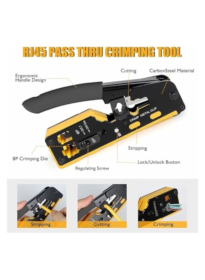 PROMASS RJ45 Crimp Tool Kit, Ethernet Pass Through Crimper, Network Cat5 Cat6 Cat7 Crimping Tool Repair Kit Includes Cable Tester, Mini Stripper, Blades, 10Pcs Connectors  - Image 3