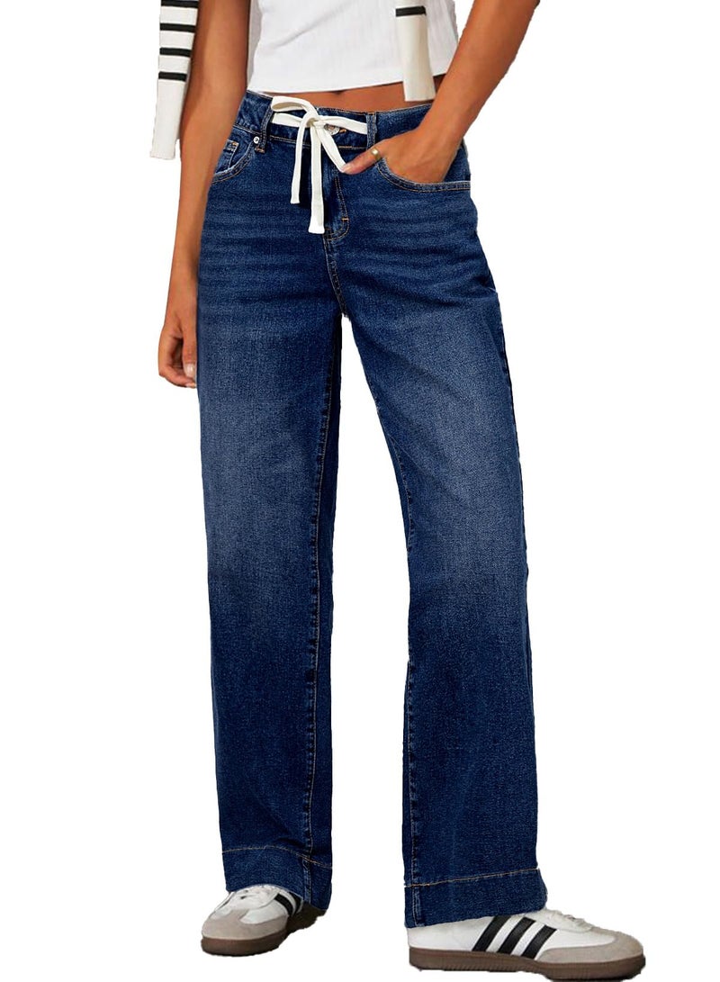 Sidefeel Women's Spring Outfit High Waisted Stretchy Straight Leg Baggy Drawstring Denim Pants Bluing Size 18 - Image 1