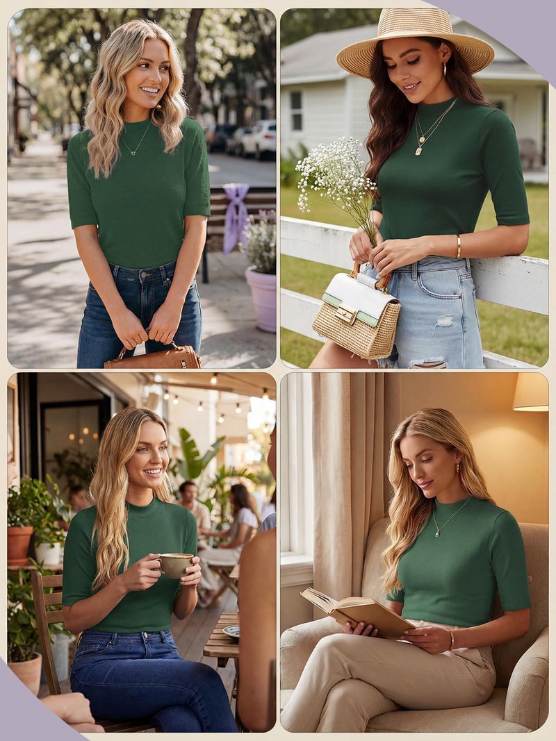 PrinStory Womenâ€™s Mock Neck Short Sleeve Tops - Non See Through Business Casual Shirts for Office TravelWrinkle Free Slim Fit Blouse Dark Green US M - Image 4
