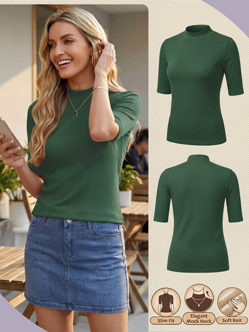 PrinStory Womenâ€™s Mock Neck Short Sleeve Tops - Non See Through Business Casual Shirts for Office TravelWrinkle Free Slim Fit Blouse Dark Green US M - Image 2