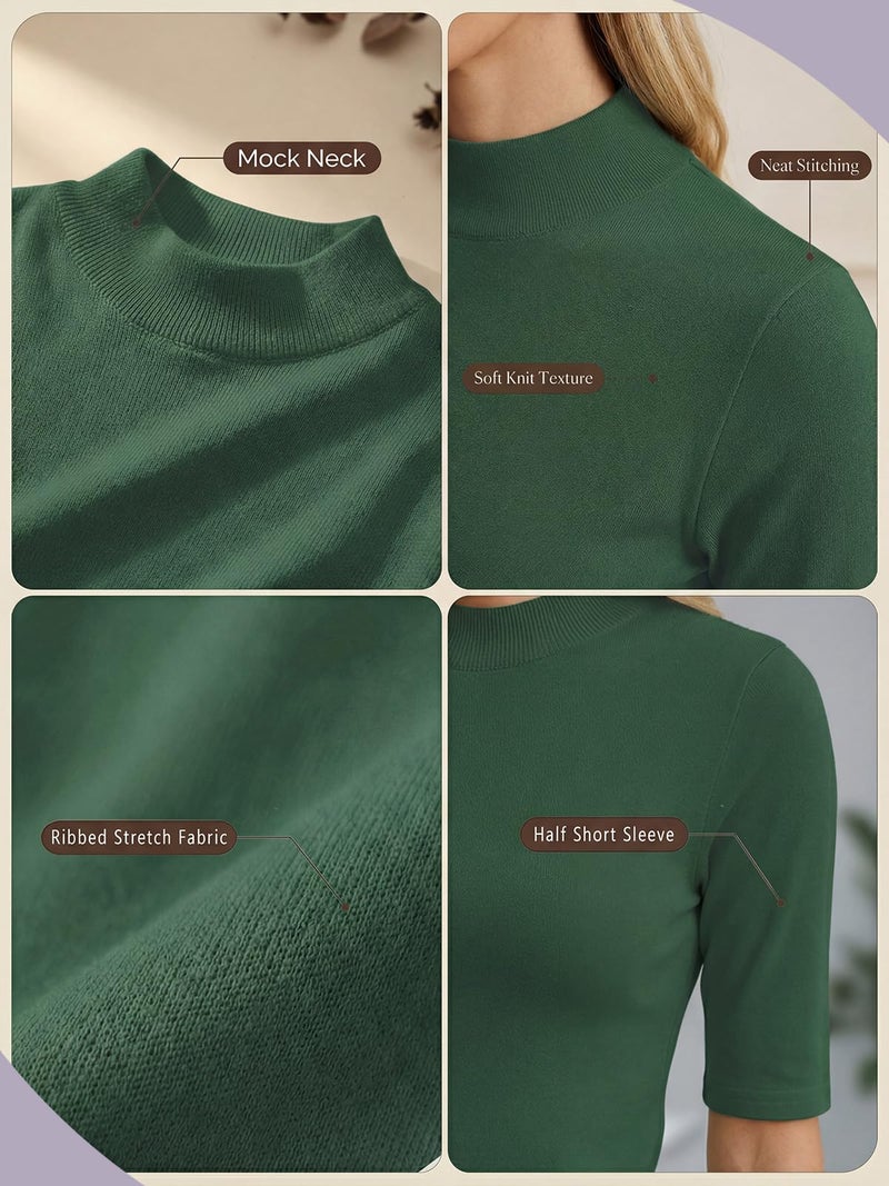 PrinStory Womenâ€™s Mock Neck Short Sleeve Tops - Non See Through Business Casual Shirts for Office TravelWrinkle Free Slim Fit Blouse Dark Green US M - Image 3
