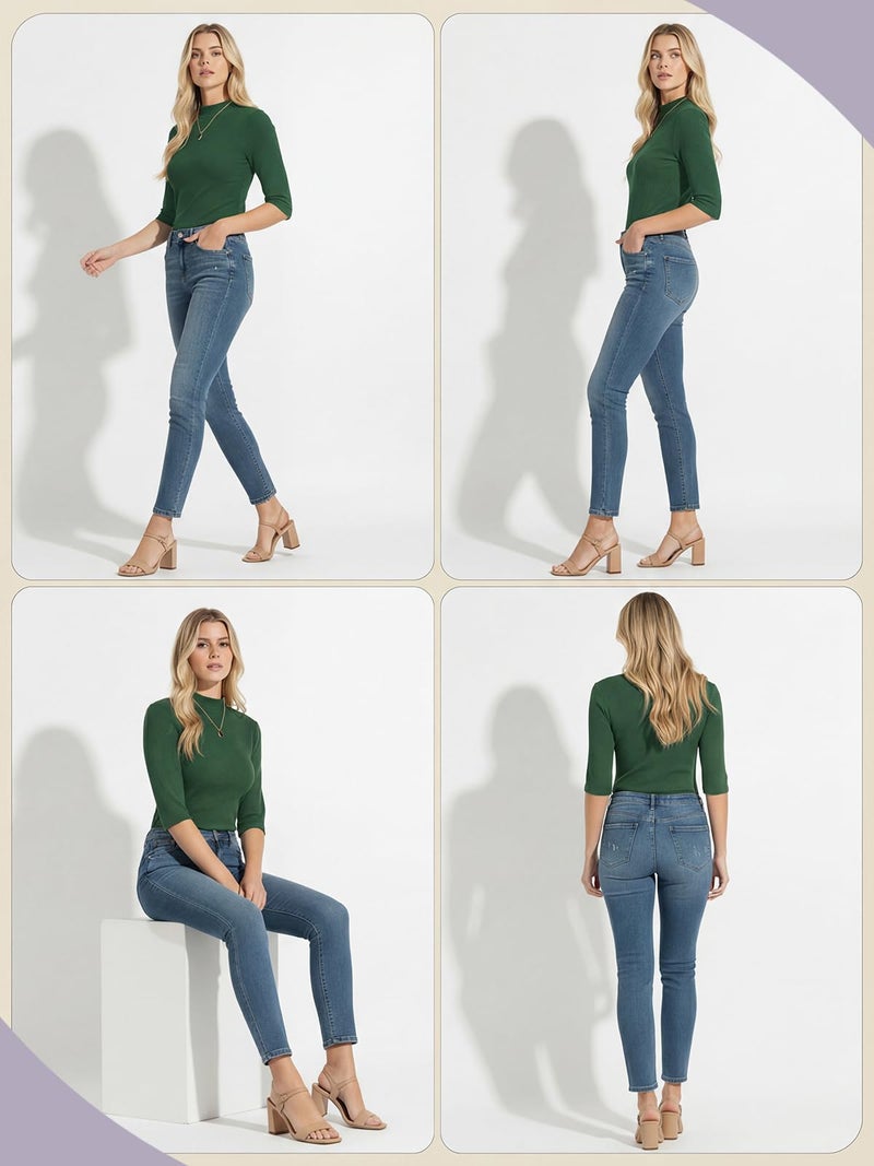 PrinStory Womenâ€™s Mock Neck Short Sleeve Tops - Non See Through Business Casual Shirts for Office TravelWrinkle Free Slim Fit Blouse Dark Green US M - Image 5