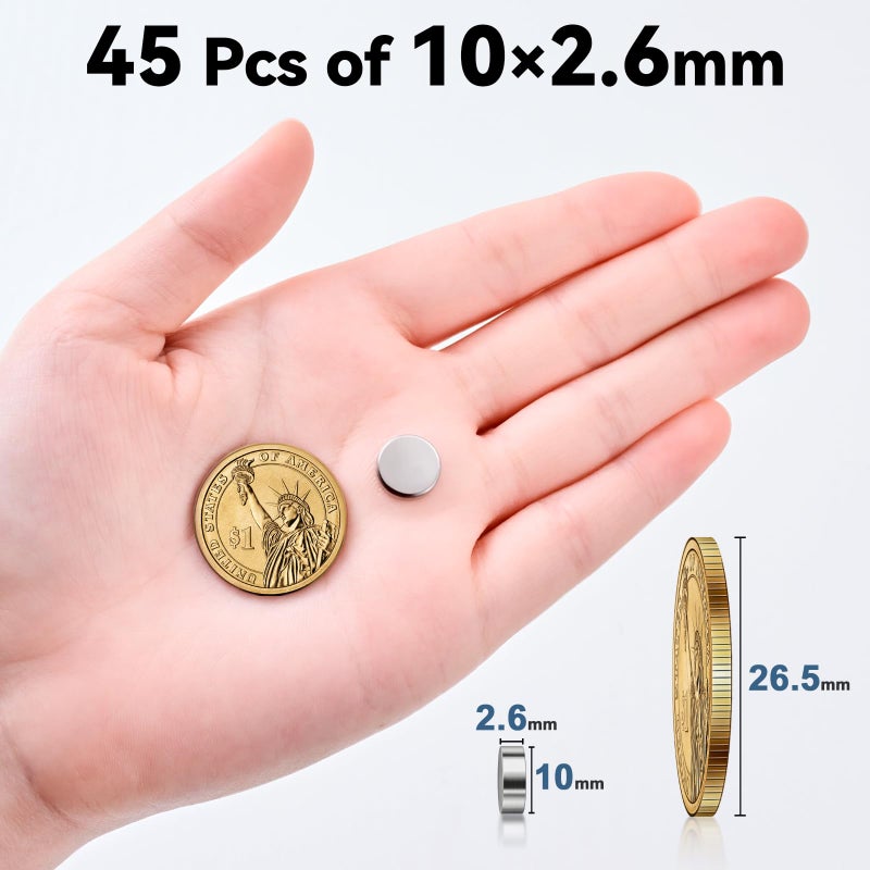 SMARTAKE 45 Pcs Refrigerator Magnets, 10x2.6mm Small Round Fridge Magnets, Multi-Use Premium Neodymium Office Magnets for Fridge, Whiteboard, Billboard in Home, Kitchen, Office and School (Silver) - Image 2