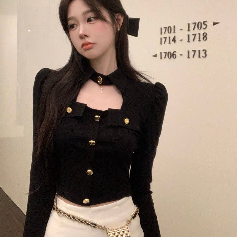 Polo Collar Long-sleeved T-shirt Womens New Style Chanel Style Button Design Base Slim-fit Slimming Top Hong Kong Style Retro Trendy Quiet black