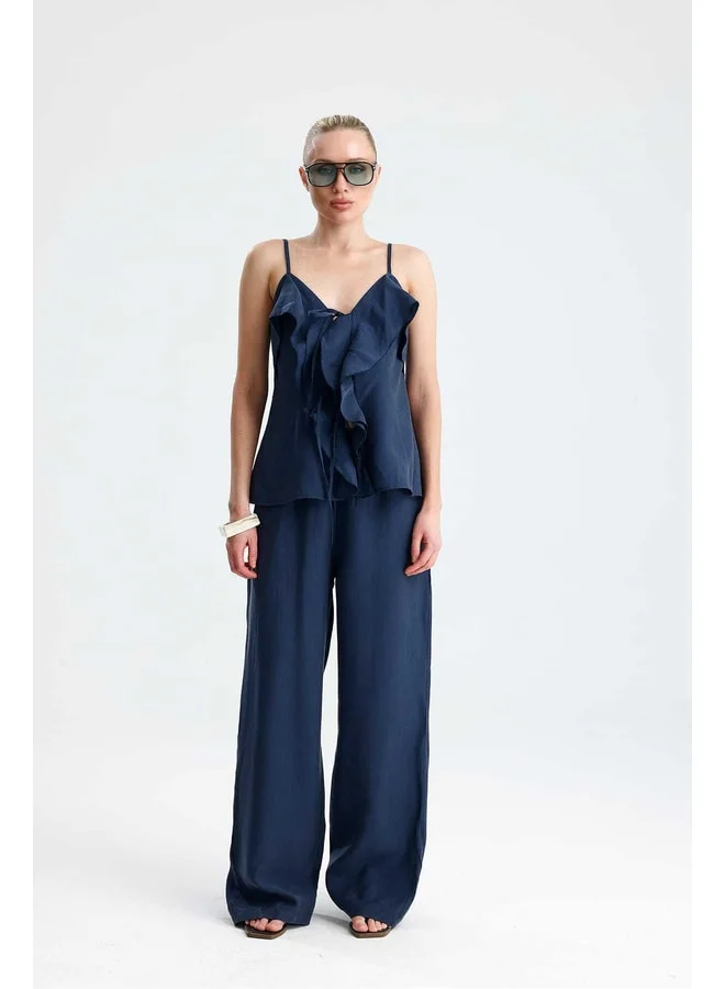 GACACOLLECTION Lavender Front Ruffled Tie Blouse and Indigo Pants Set