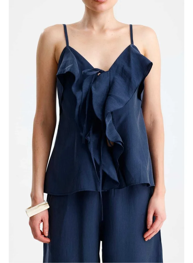 GACACOLLECTION Lavender Front Ruffled Tie Blouse and Indigo Pants Set