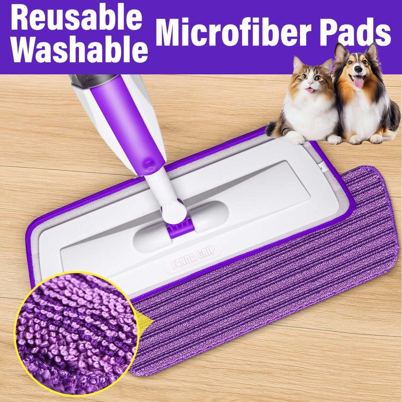 Panda Grip Spray Mops for Floor Cleaning Floor Mop with a Refillable Spray Bottle and 3 Washable Microfiber Pads Home or Commercial Use Dry Wet Flat Mop for Hardwood Laminate Wood (Purple) - Image 2