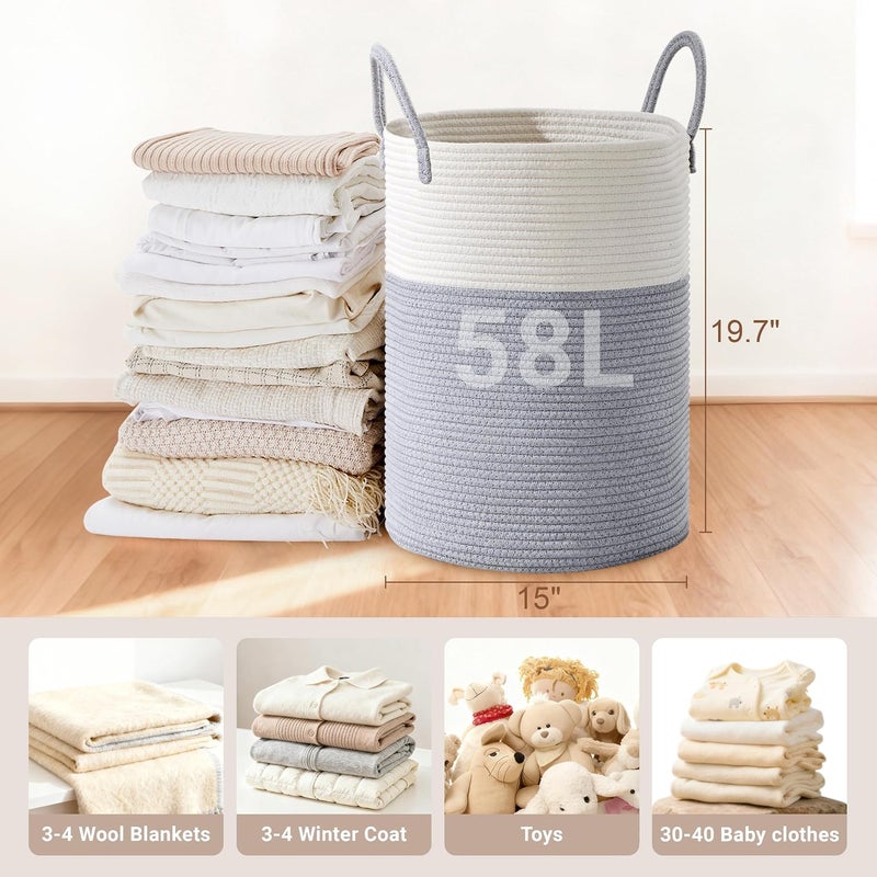 SunNewt Tall Laundry Basket with Handles, 58L Portable Dirty Clothes Hamper, Boho Cotton Rope Storage Bin for Blankets Kids Toys Gifts, Decorative Organizer for Baby Nursery Bedroom Bathroom, Grey - Image 2