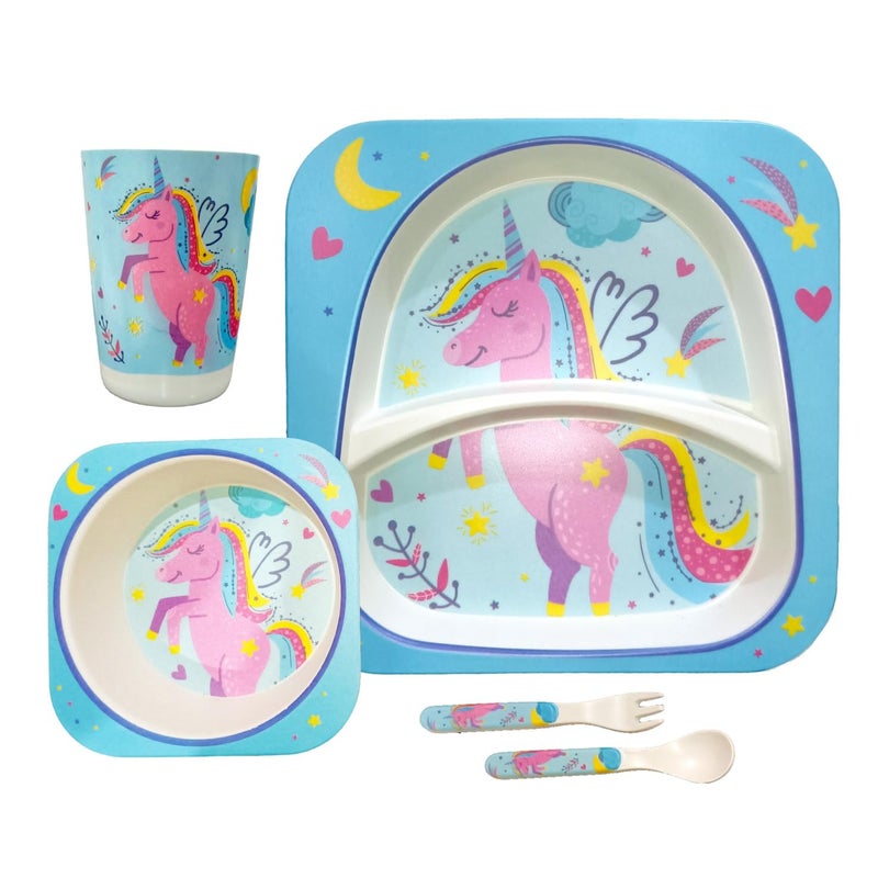Deepashri™ Unicorn Bamboo Fibre Dinner Set for Kids - Plate Bowl Cup Fork and Spoon/Feeding Utensils for Kids and Toddlers Eco-Friendly & Biodegradable | Set of 5 - Image 1