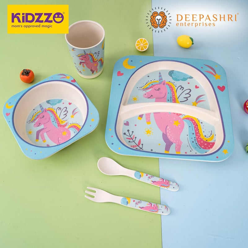 Deepashri™ Unicorn Bamboo Fibre Dinner Set for Kids - Plate Bowl Cup Fork and Spoon/Feeding Utensils for Kids and Toddlers Eco-Friendly & Biodegradable | Set of 5 - Image 4