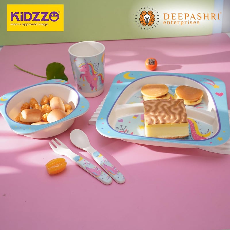 Deepashri™ Unicorn Bamboo Fibre Dinner Set for Kids - Plate Bowl Cup Fork and Spoon/Feeding Utensils for Kids and Toddlers Eco-Friendly & Biodegradable | Set of 5 - Image 2