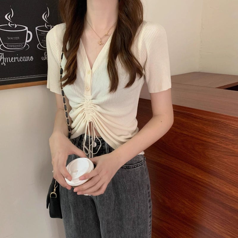 Mid-Drawstring Top for Women, Summer V-Neck Niche Design T-Shirt, Versatile Slimming Look Short-Sleeved Thin Ice Silk Knitwear - Image 1